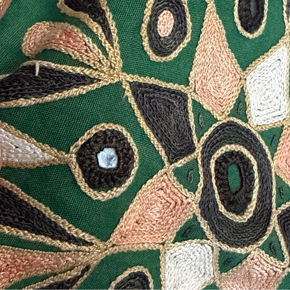 Kutchi Indian Embroidered Wall Hanging w/Mirrors Vintage Elephant Horses Green - Picture 9 of 13